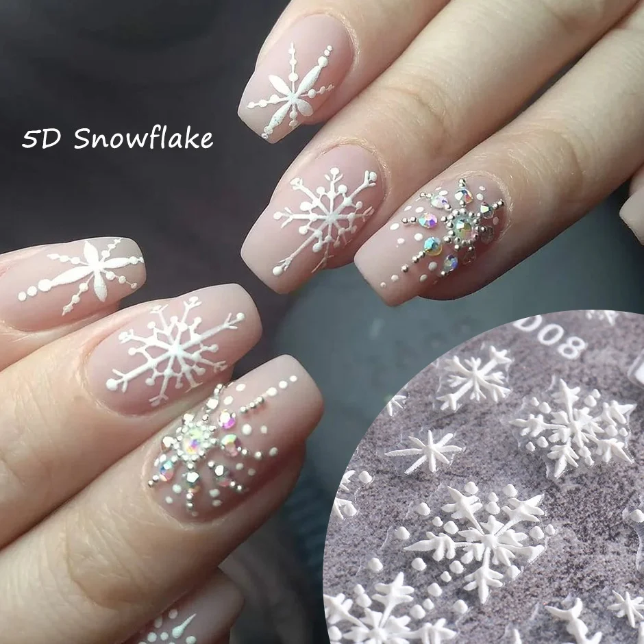 5D White Snowflakes Embossed Sticker Christmas New Year Nail Art Design Winter Charms Flower Manicure Slider Decals STZ5D01-08