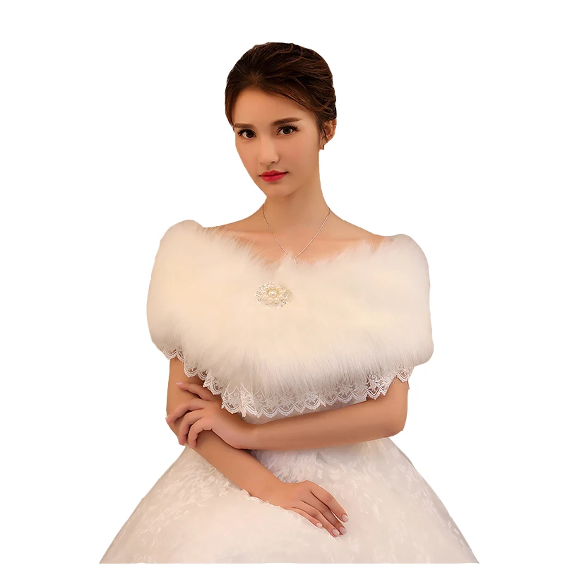 
Best selling wholesale winter bridal fur collar small shawl short lace rhinestone shawl pearl imitation buckle 