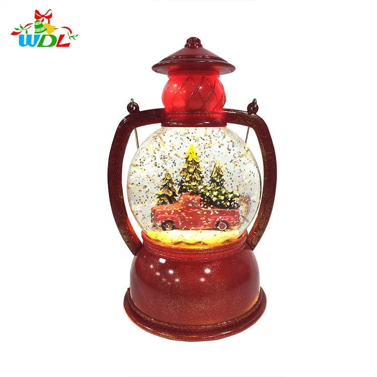 Resin Material Red Truck in the Wood Water Spinning Musical Lantern Christmas Glitter Winter Snow Globe with Plastic Base