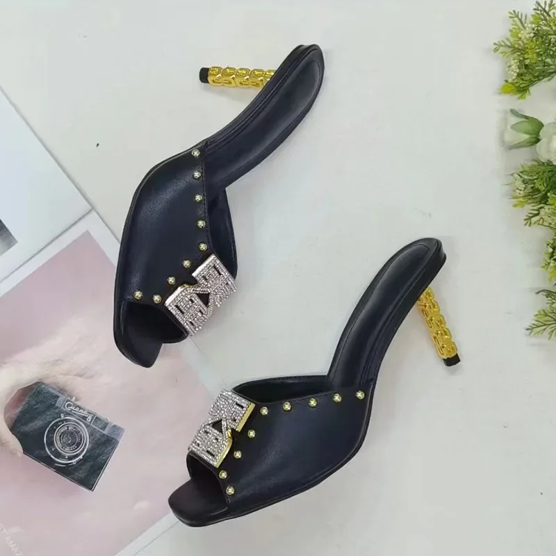 Blue Rhinestone Sandals Woman Open Toe Black Real Leather Strange High Heels Lady Sexy Party Shoes