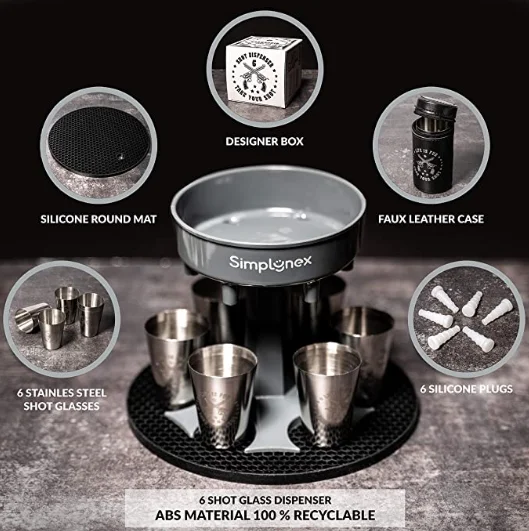 6 Glass dispensers and brackets with 6 stainless steel wine glasses in a convenient box