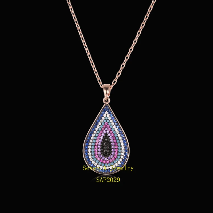 
Seven A SAP2029 New Design Rose gold plated Jewelry Halo Colorful CZ Nano Pear Cut Mico pave Pendant Necklace 