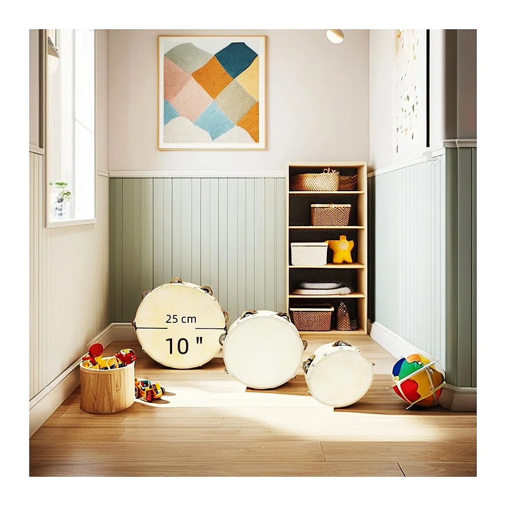 Jelo TB-3 10-Inch Handcrafted Sheepskin Drum Birch Wood Body with Metal Jingles Xylophone Toys Tambourine