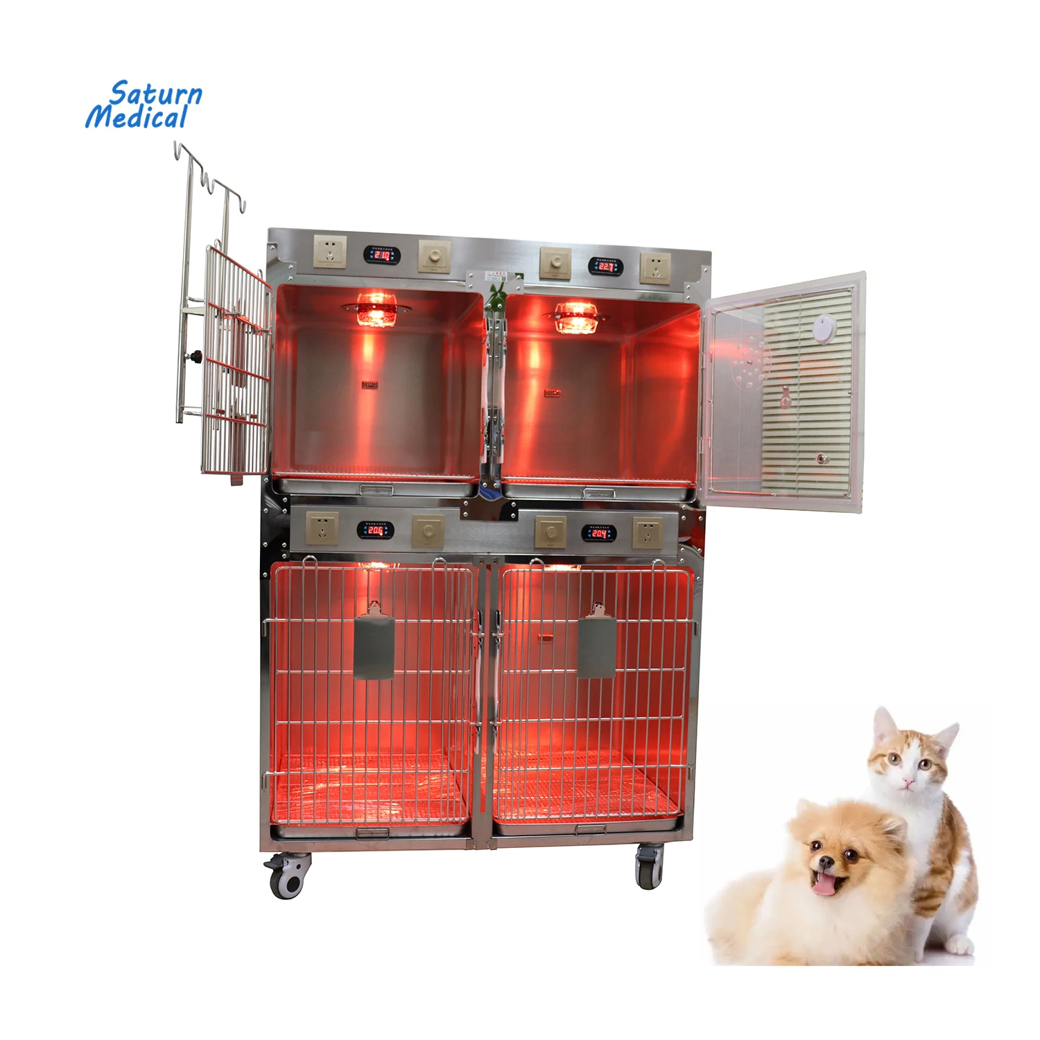 Stainless Steel Portable medical oxygen therapy treatment Small animal veterinary pet clinic cage with IV pole for dogs cats