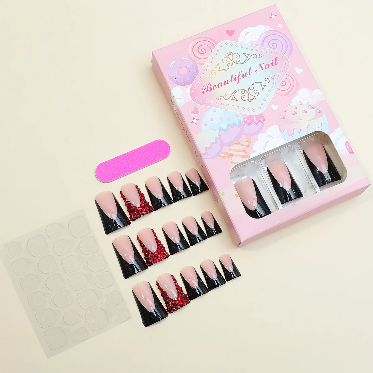 2024 new designer medium length duckbill black french press on nails luxury red rhinestone fake nails