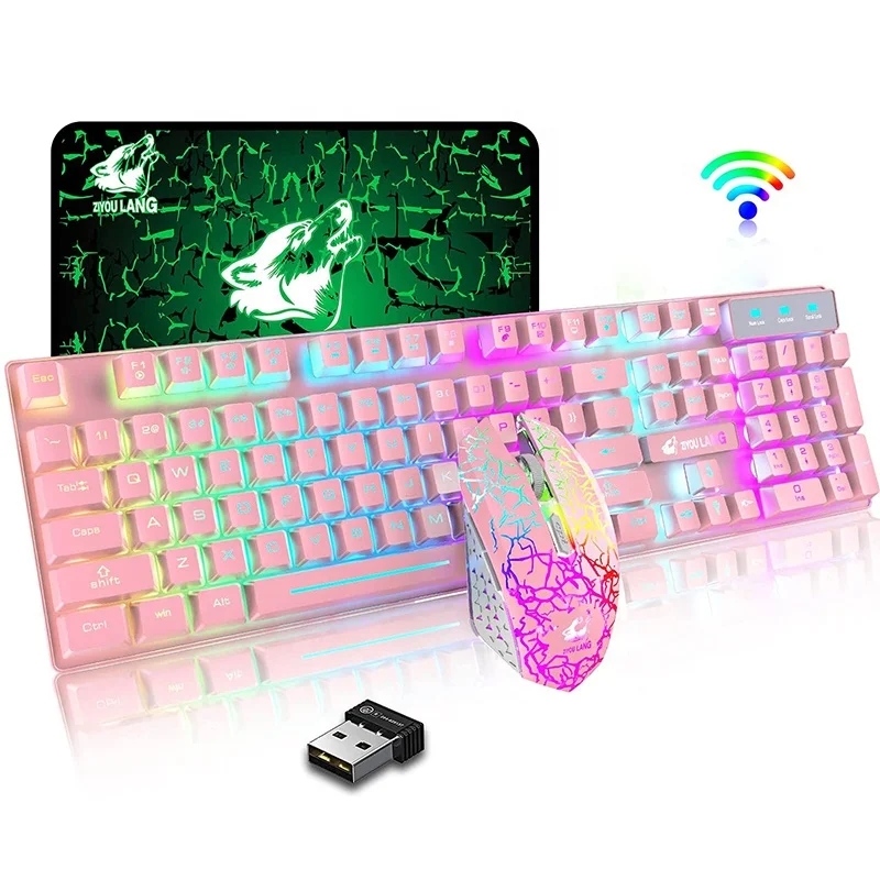 Ziyoulang T3 розовый Беспроводная игровая клавиатура и мышь комбо Водонепроницаемый 2,4 ГГц перезаряжаемые 3 в 1 клавиатура и мышь комплект