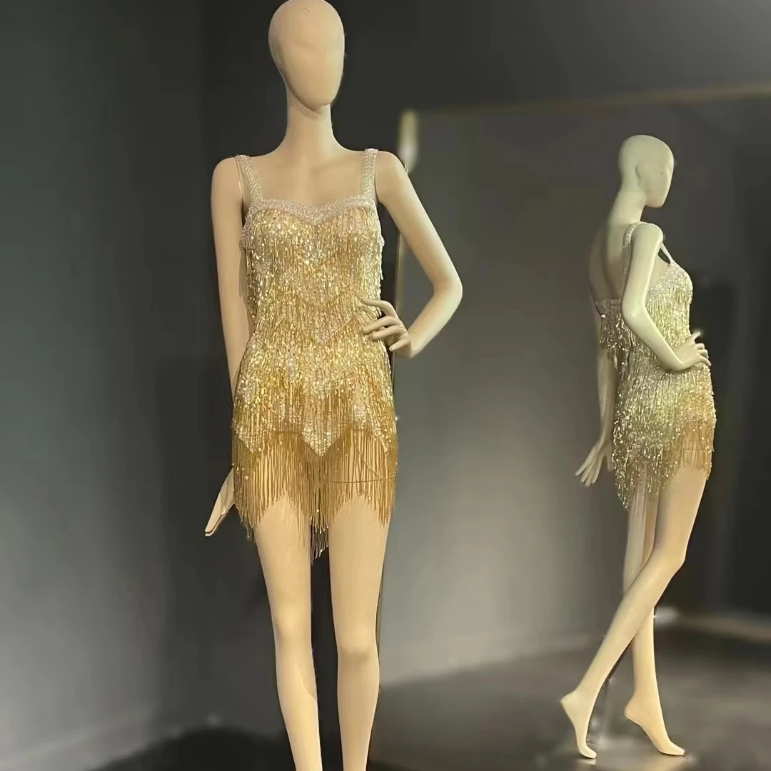 QUEENS GOWN mini skirt gold tassel beads luxury stage dress evening dress fashion dress