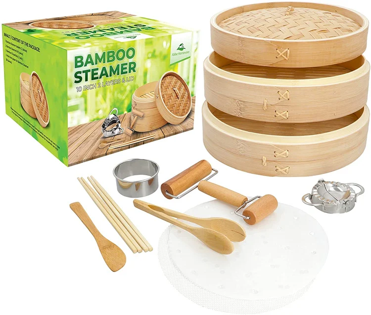 Bambus Pot Reusable Momo Kitchen 2 Tiers Package Tasty Bao Buns Commercial Dumpling Bamboo Steamer Set With Cotton Liners