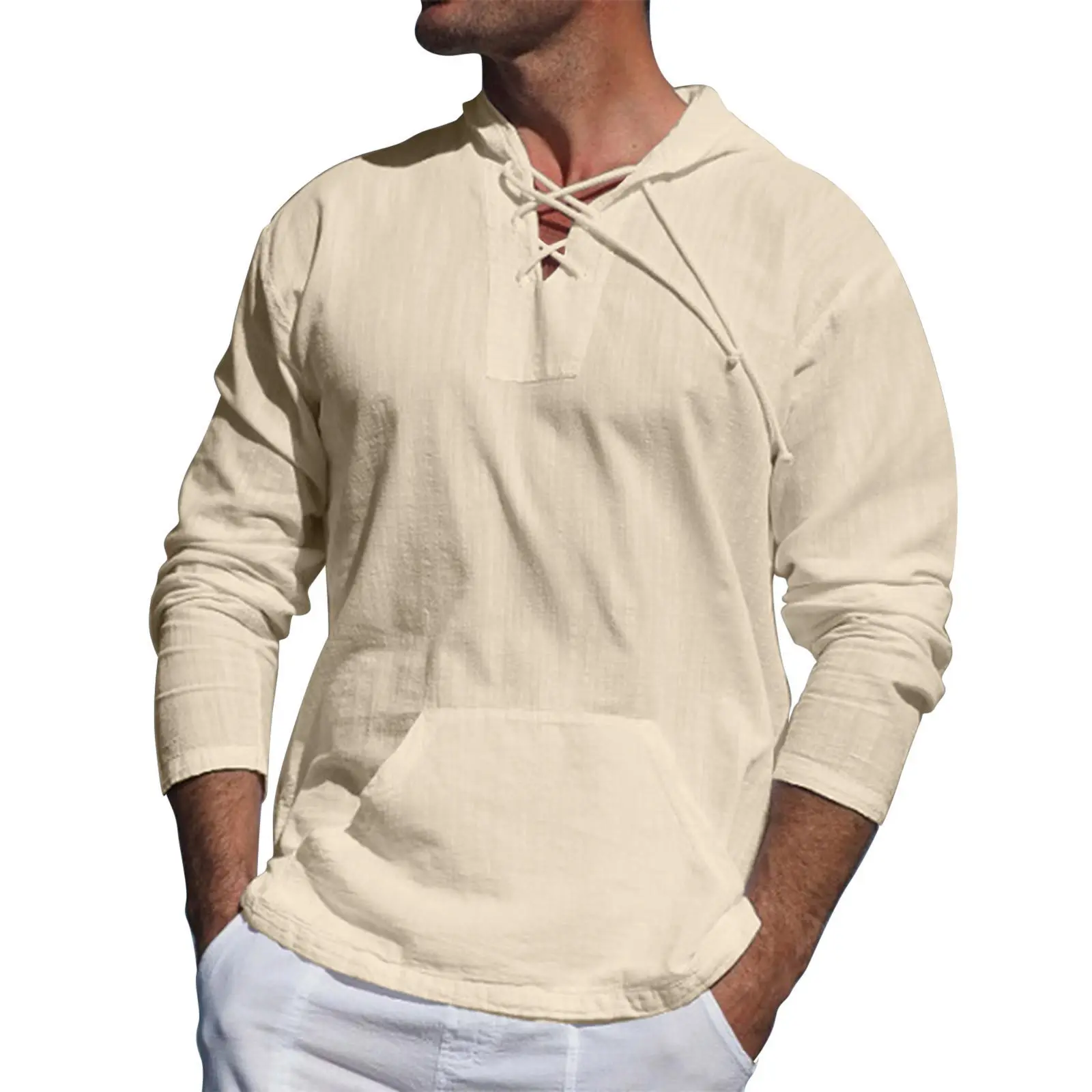 2023 Men Refreshing Summer Cotton Linen Shirt Solid Color Hooded Breathable Comfortable Long Sleeve Man T-shirt