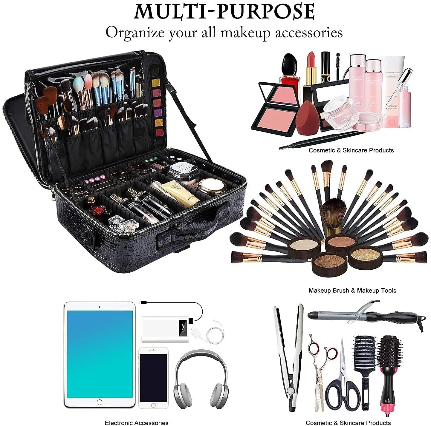 Makeup Bag Travel Case Crocodile Pattern 3 Layers Large Portable Makeup Train Case Cosmetic Organizer and Storage Box