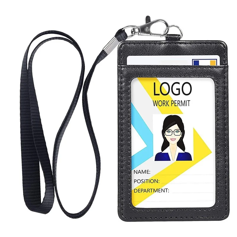 Quantity PU Leather Vertical ID Badge Card Holder With Detachable Nylon Neck Strap Lanyard