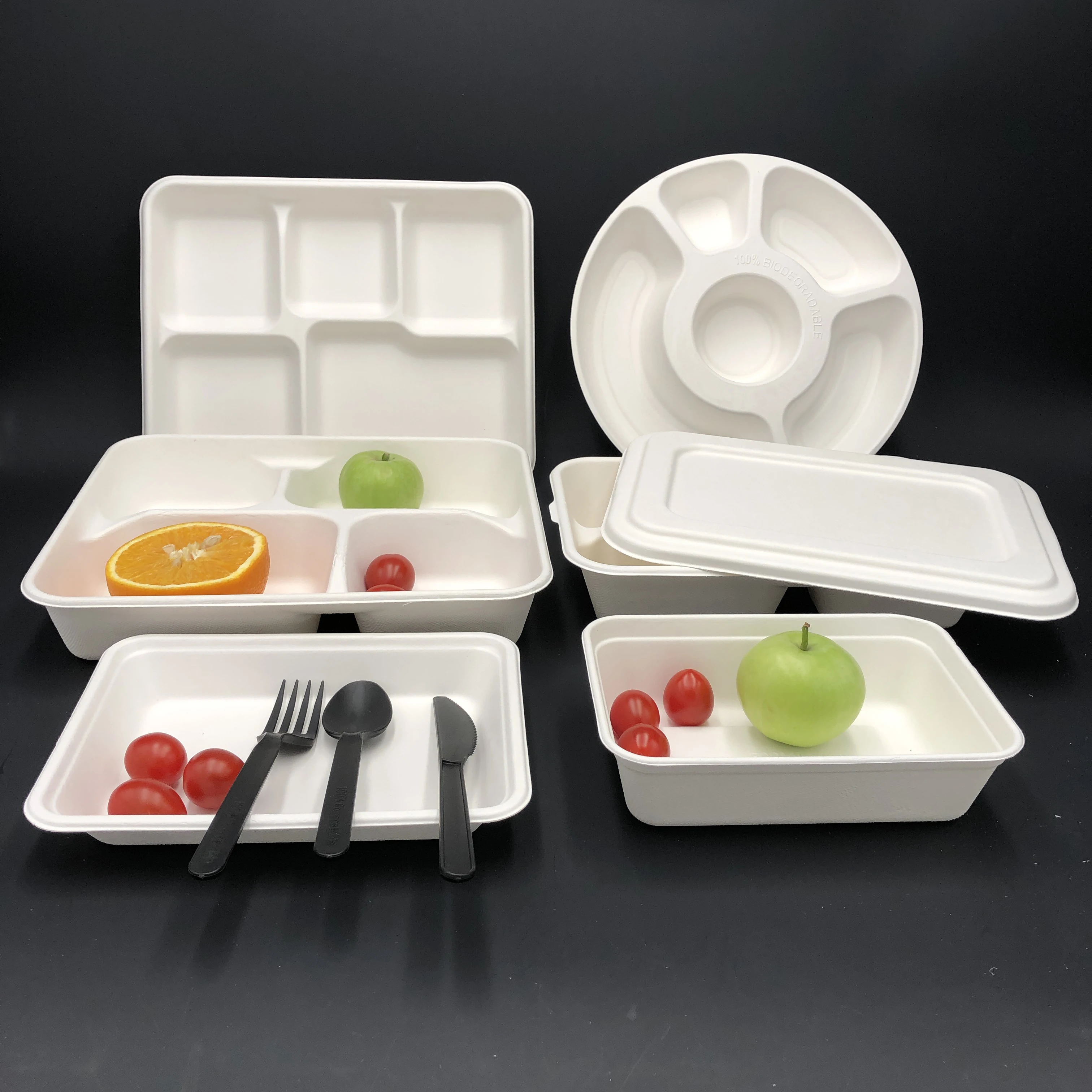 sugarcane bagasse compostable tableware takeout hinged clamshell food box biodegradable disposable luxury dinnerware sets