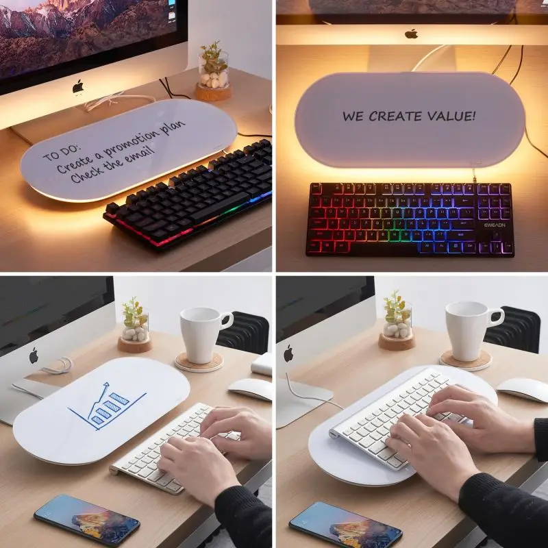 Office Glass Desktop Whiteboard Small Dry Erase Board with Warm Light Whiteboard with Drawer Desk Organizers