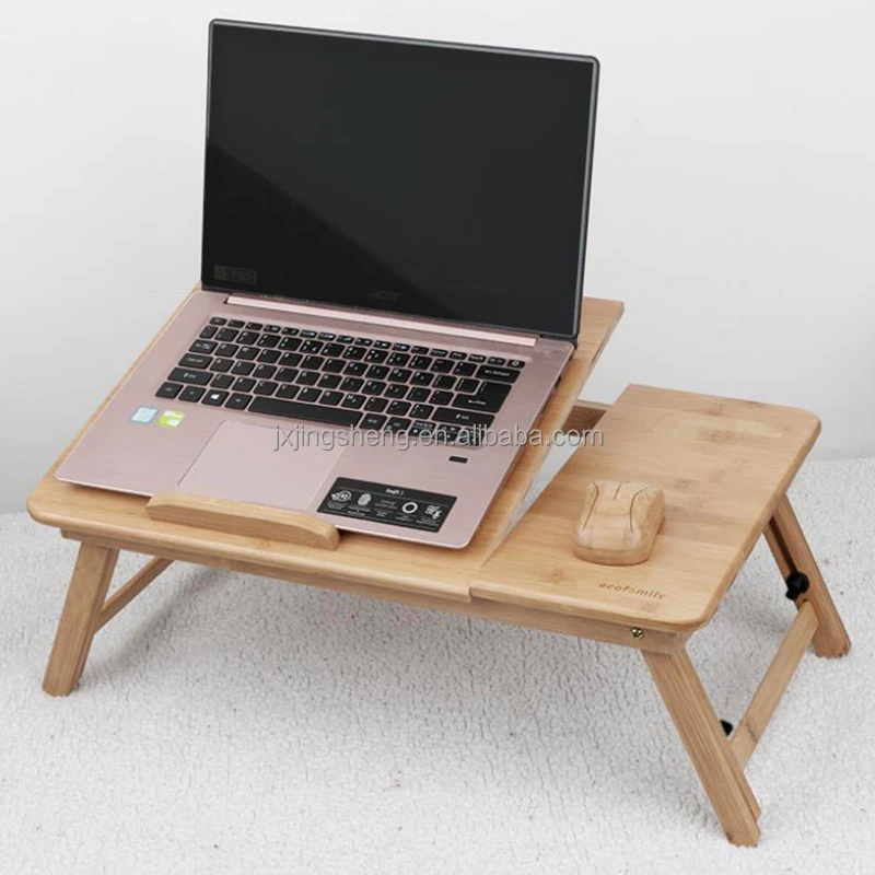 Folding Laptop Table with Fan Bamboo Portable Computer Desk for Bed Sofa Height Adjustable Laptop Stand