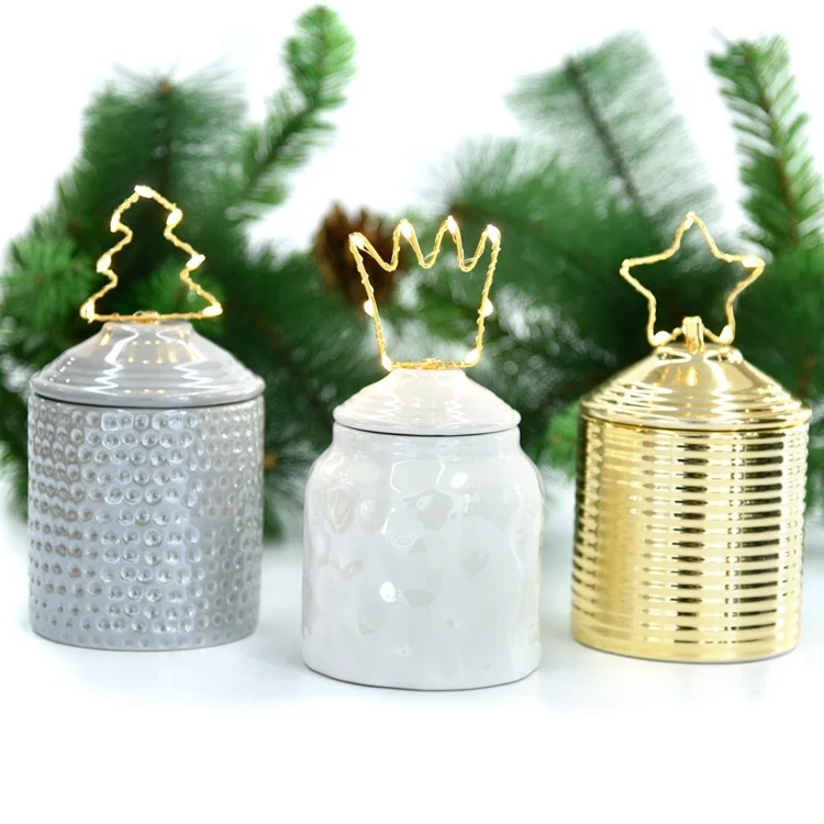 Luxury Multi Shape Decorations Pedestal Christmas Ceramic Candy Jar with 10LED Copper String Light