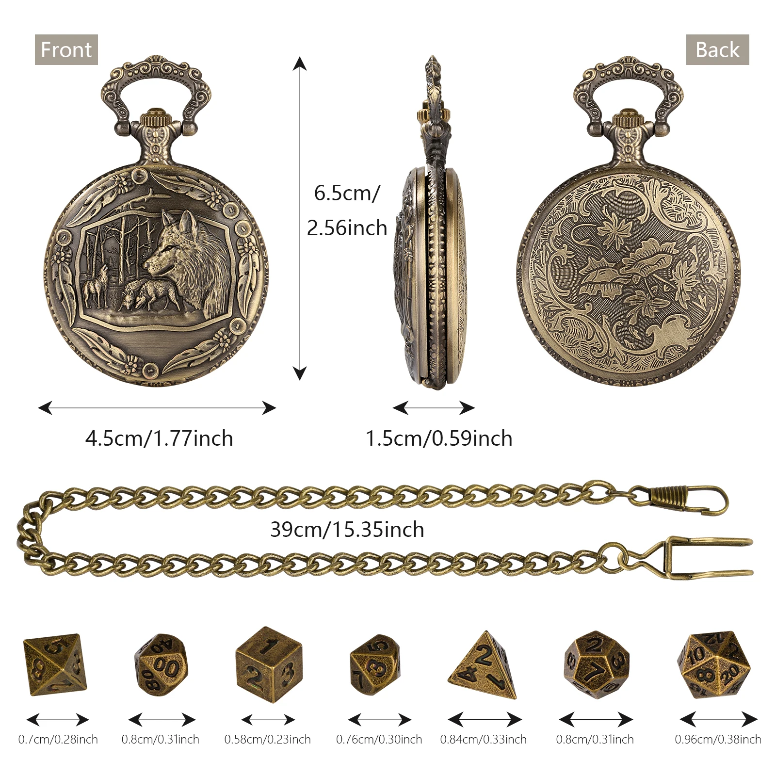 Dnd Dungeons & Dragons Mini Board Game Cosplay Dice Metal Dice Set Dnd With Wolf Design Bronze Pocket Watch Case