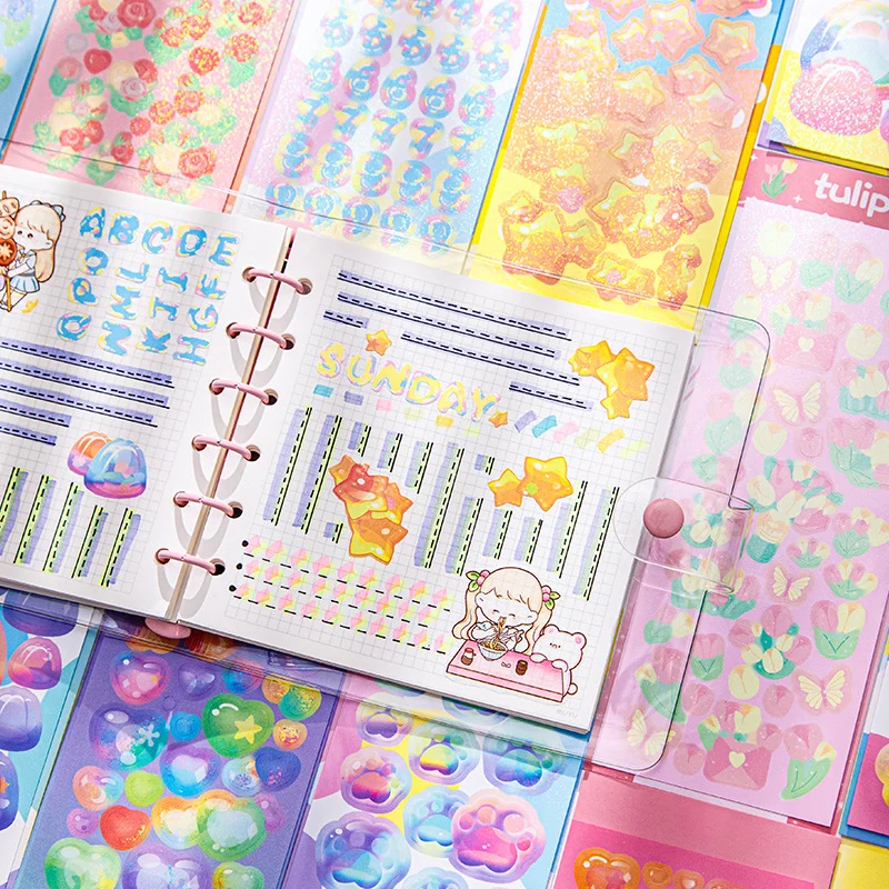 Custom Adhesive A4 A5 A6 Vinyl sticker label Kawaii Korean Rainbow Effect Glitter Kiss Cut Sticker Sheets Printing