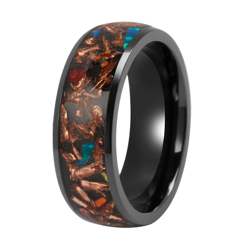 Stylish Tungsten Carbide Ring Fashionable Wedding Band Opal Copper Inlay Black Zirconium Titanium Ring
