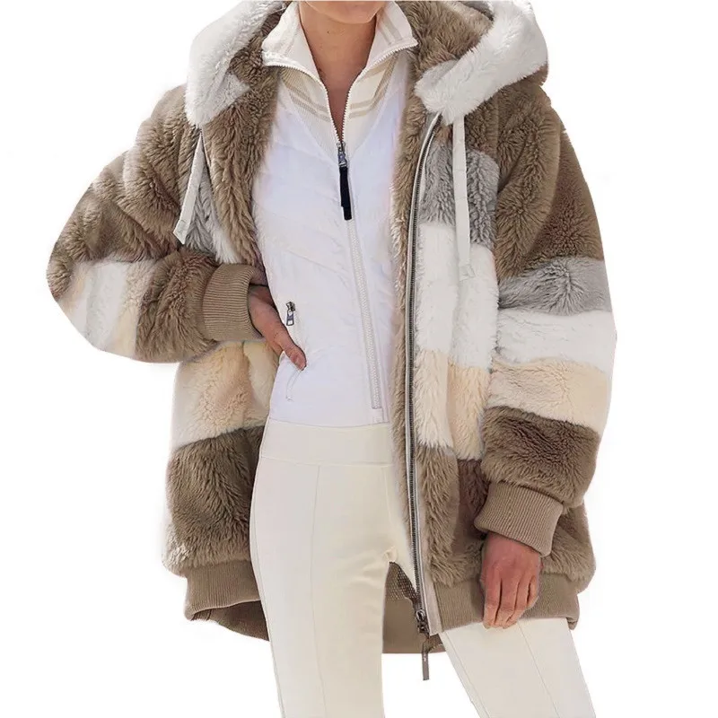 2023 Winter Warm Mixee Color Casual Hooded Plush Streetwear Plus Size Winter Outwear Jacket Fur Coat With Pockets