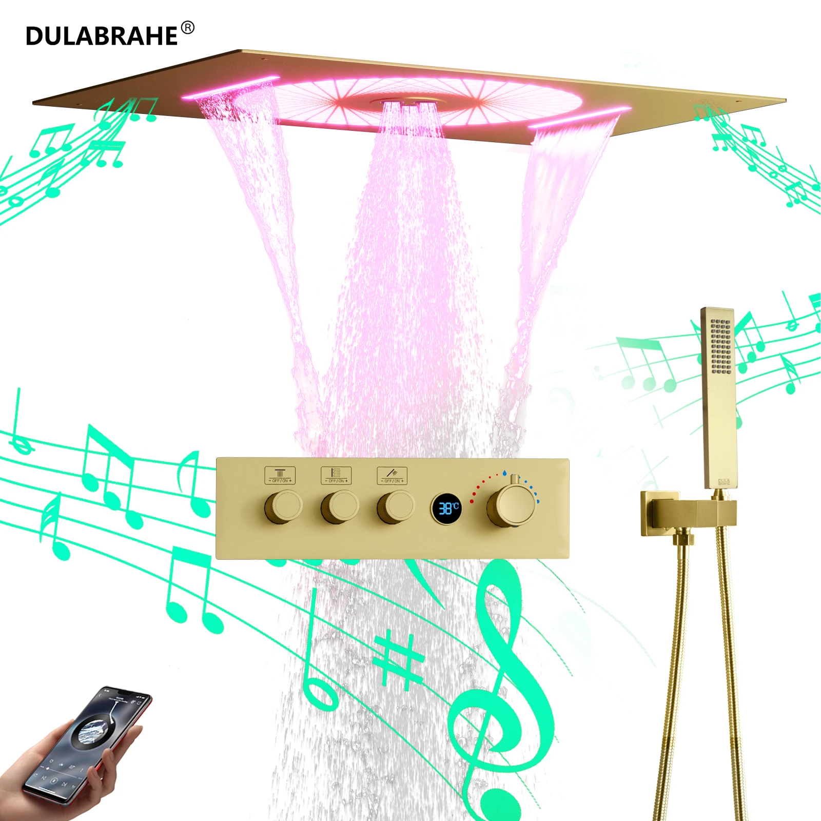 DULABRAHE 2024 New Luxury Thermostatic Gold LED Shower System Bathroom Ceiling Rain Waterfall Digital Display Shower Set