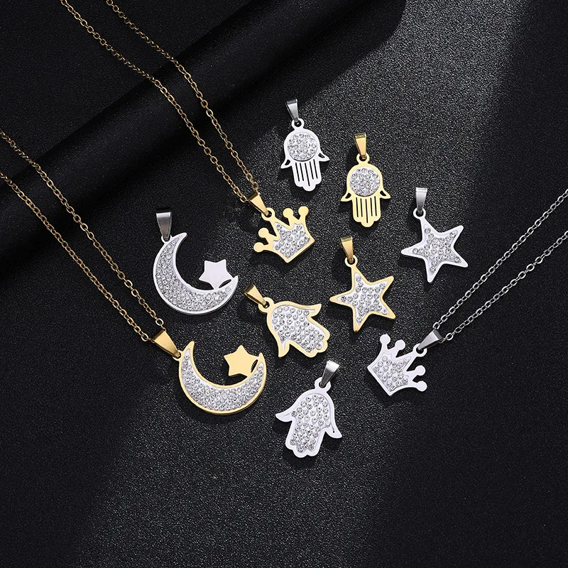 2022 Fashion Gold Silver Korean Necklace Hip Hop Hamsa Palm Moon Star Crown Necklace Diamond Stainless Steel Necklace for Girls