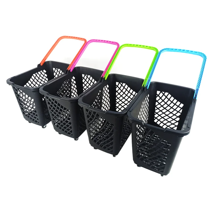 Manufacturer Eco-friendly 65L supermarket plastic folding shopping basket with 4 wheels