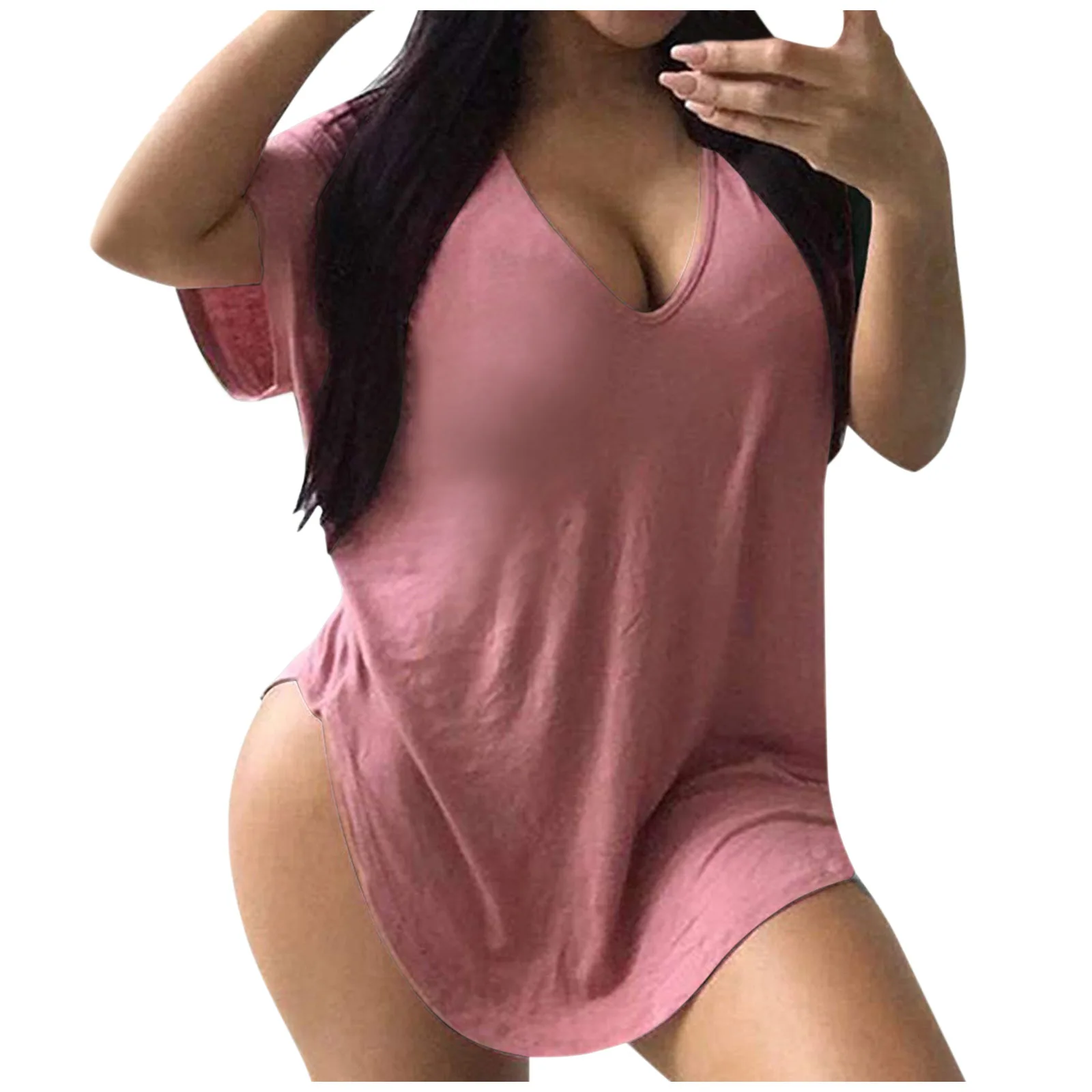 
Custom Womens Sexy Deep V Neck Loose Fit Bamboo T Shirt Woman Plain Round Bottom Curved Hem Tshirts 