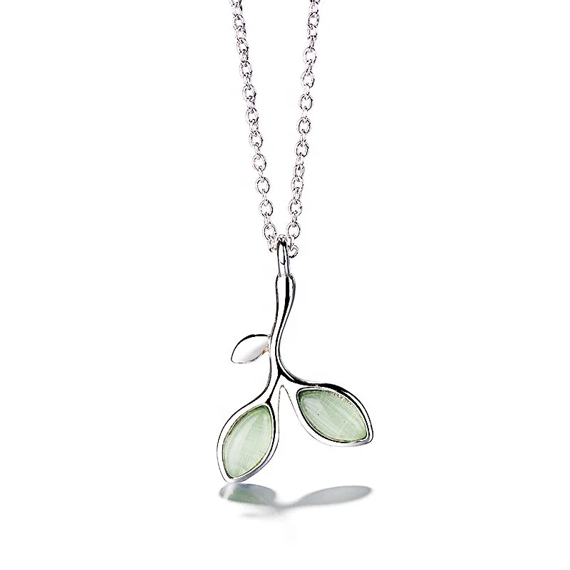 100% 925 Silver Bridal Green Leaf Pendant Necklaces Sets Cat Eye Stone Wedding Jewelry Set Earrings Stud&Bracelet for Women Gift