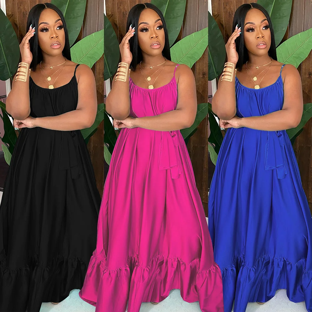 J8971 Factory summer women sleeveless Sundress Loose solid color silky long casual maxi beach dresses