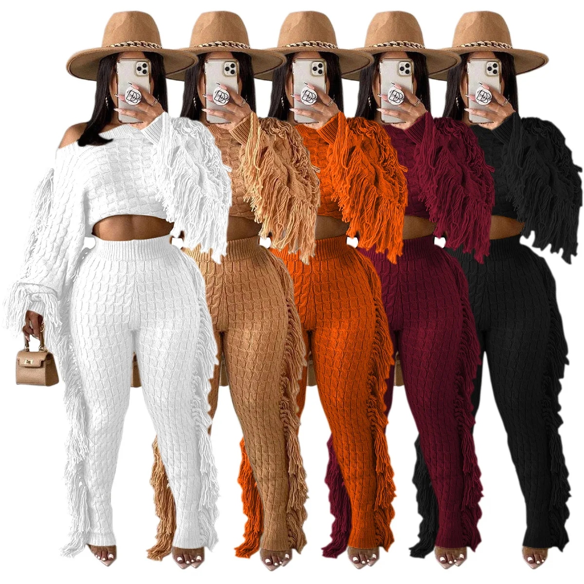 2022 New Arrivals Fashion Women Casual Long Sleeve Crop Slim Pants 2 Piece Set Side Tassel Knitted Suit