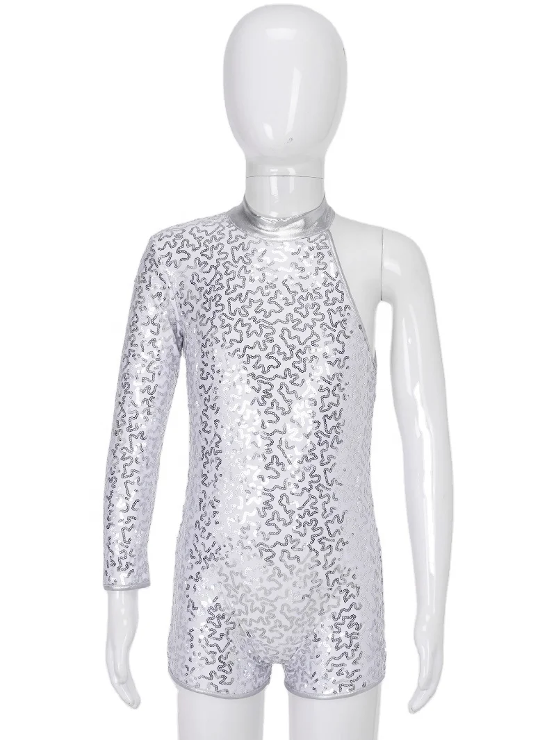 Shiny Sequin Jazz Dance Costumes Hip Hop Dance Dress Leotards Professional Single Long Sleeve for Kids Sets Performance 4 Colors