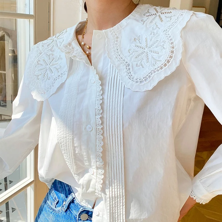 2023 New OEM Summer Daily  Women Long Bishop Sleeve Ladies  Shirt Fashion  Embroidery and Beading Club Collar Women Blouse