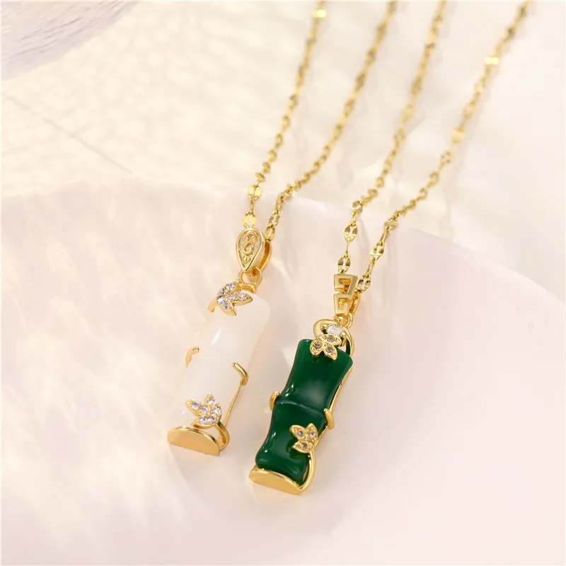 Gold Plated Stainless Steel Long Bamboo Shape Charm Pink Natural Jade Pendant Necklace