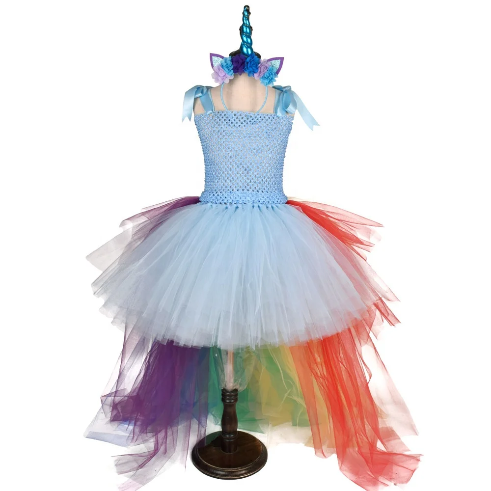 Long Trailing Unicorn Bustle Tutu Dress Girls Rainbow Birthday Party Photo Dresses Kids Perform Costume For Special Holidays
