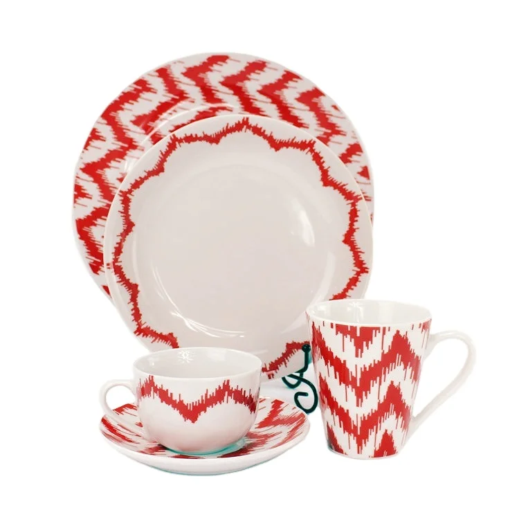 Wholesale Factory New Bone China Dinner Set 6 Pcs Mug Plate Red White Color Italian Stylish round Shape Customizable Home Use