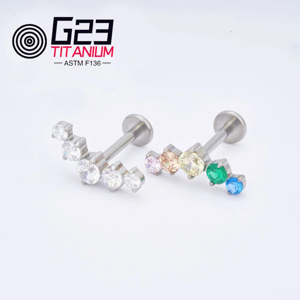 Wholesale G23/ASTM F136 titanium 5 CZ Ear Piercing Lip Labret Lip Rings Earring Studs Piercing Jewelry