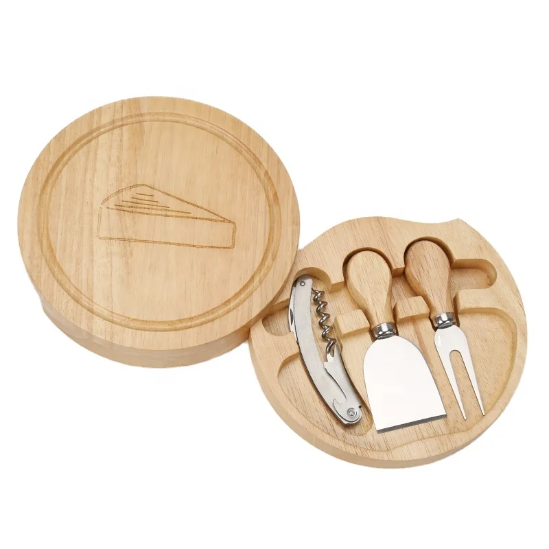 
100% Natural Rubber Wood Cheese Board With 3 Piece Cutlery Set Cheese Platter with Hidden Cutlery Drawer 