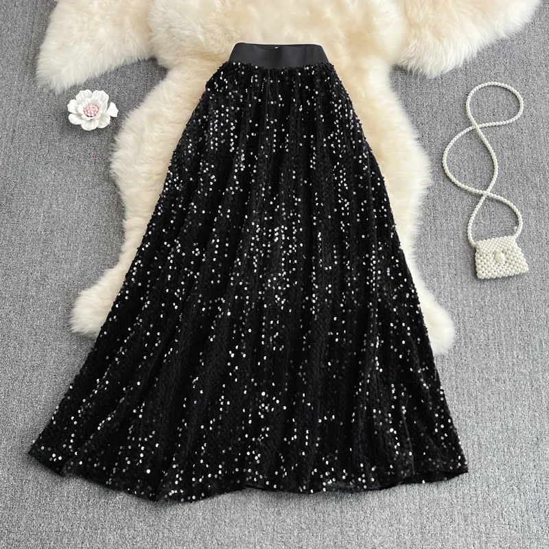2023 Korean Version High Waist Thin Medium And Long Knee A-line Skirt Fashion Elastic Waist Sequin Large Swing Skirt