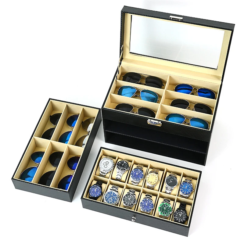 Three-layer carbon fiber leather watch and glasses storage case Eyeglass Frame Display Cabinet Tray Case Sunglasses Organizer