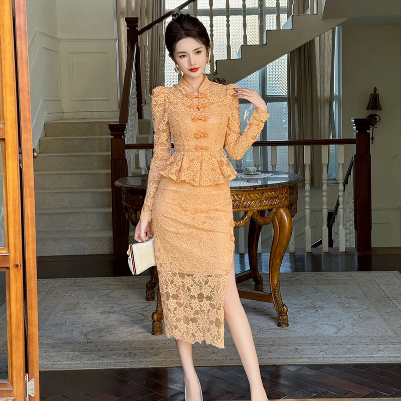 ZYHT 11211 2024 Spring New Design Lace Mandarin Collar Hip Wrap Dress Flounce Ruffle Waist Casual Lady Dresses