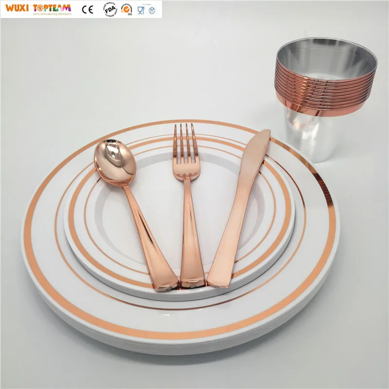 72 pcs/150 piece plastic party restaurant tableware dish gold dinnerware set wedding plates sets