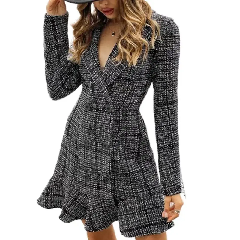 Autumn/winter new double-breasted v-neck flounces plaid professional dress for women