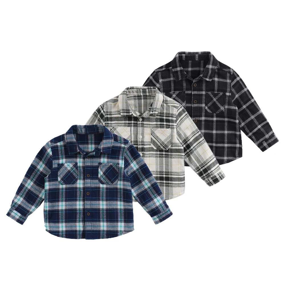 
New Design Autumn And Winter Yarn Dyed Flannel Check Classic Academic Style Casual Double pocket Long-sleeve boys shirt 