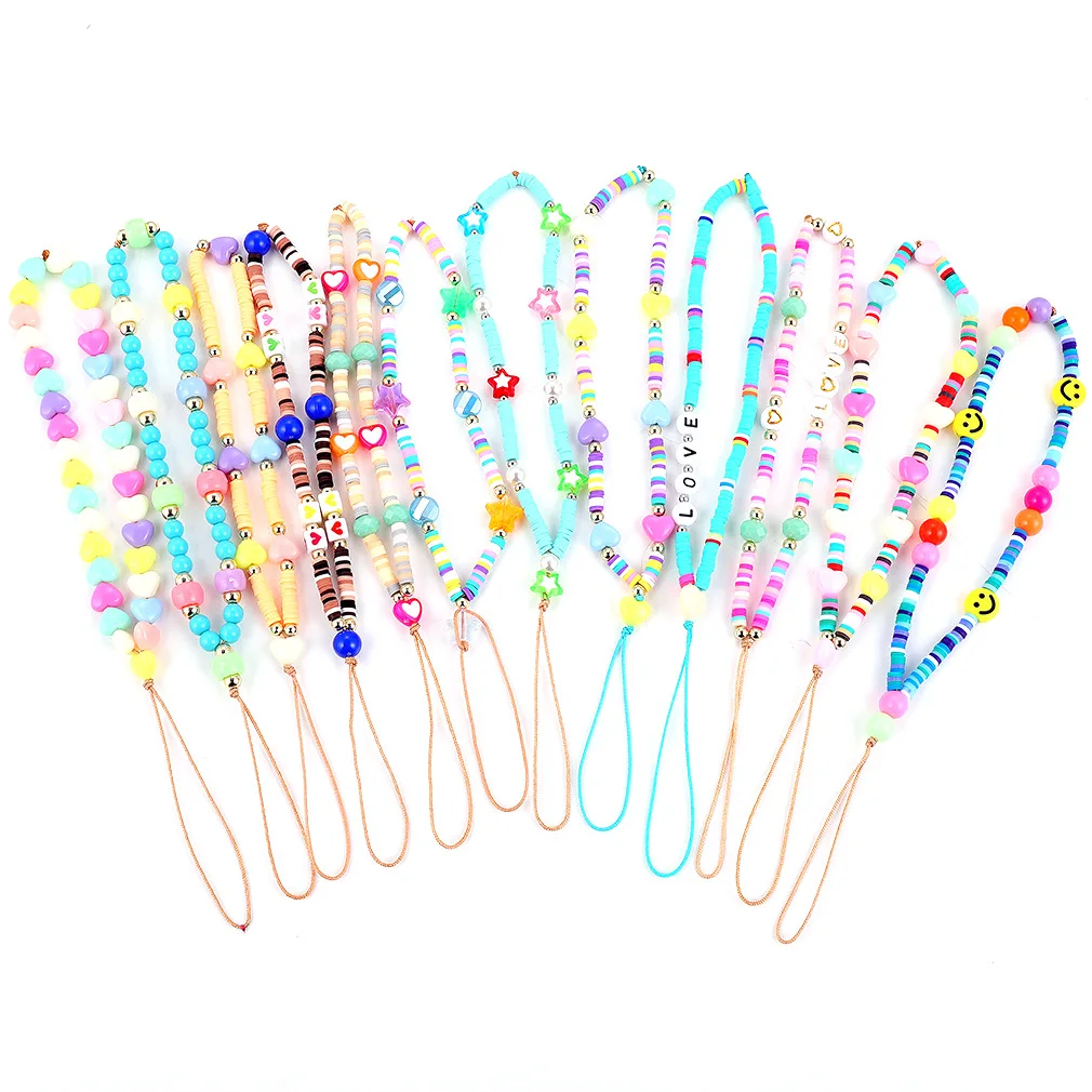 Bohemian Style Colorful Polymer Clay Bead Chain Soft Clay Heart Star Smile Face Mobile Phone Chain