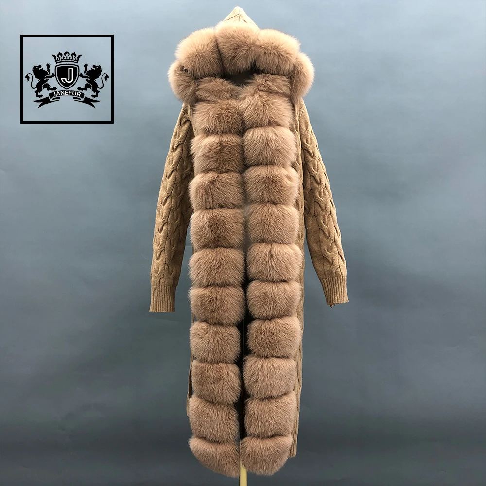 Long Ankle Length Women Knitted Cashmere Cardigan With Real Fox Fur Collar