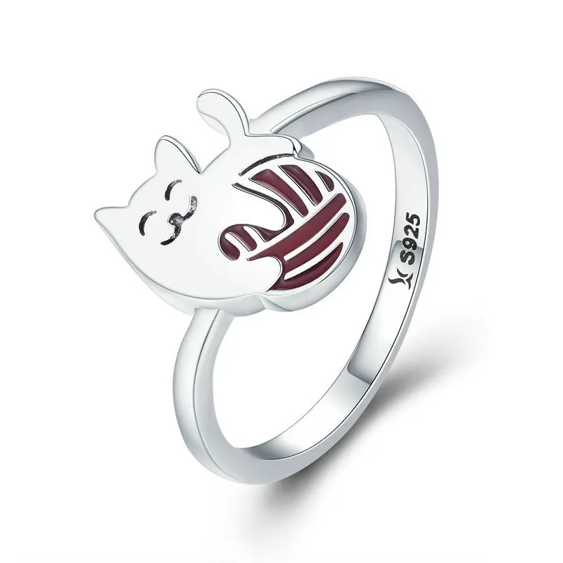 Silverbene New Cute Red Cat 925 Sterling Silver Ring