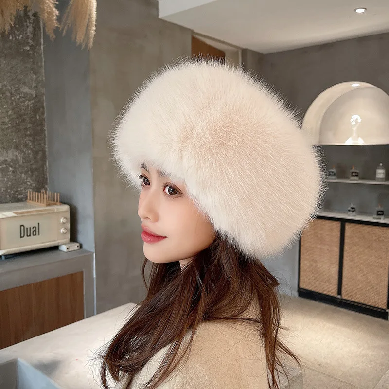 White Pink Round Top Windproof Winter Faux Rabbit Fox long Big Fur Trimmed Russian Style Fur Hat for Women Cossak Headband Caps