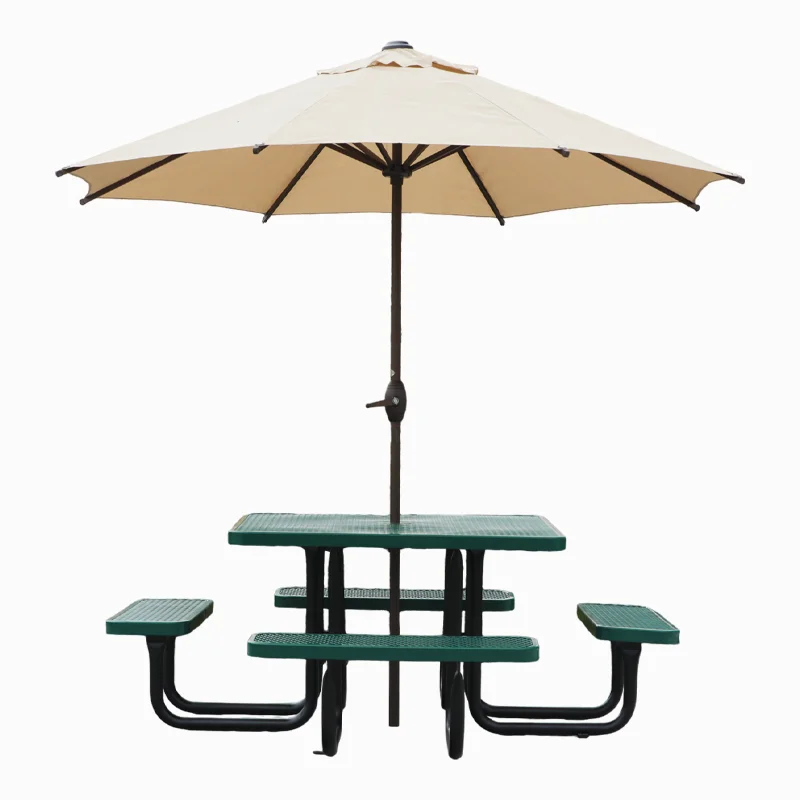 Outdoor commercial metal square picnic table with benches garden furniture steel dinning table outside patio coffee table