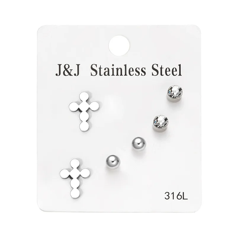 3 Pairs/Set Small Tiny Stainless Steel Earrings Men Women Heart Cross Butterfly Moon Rhinestone Love Cute Stud Earring Jewelry