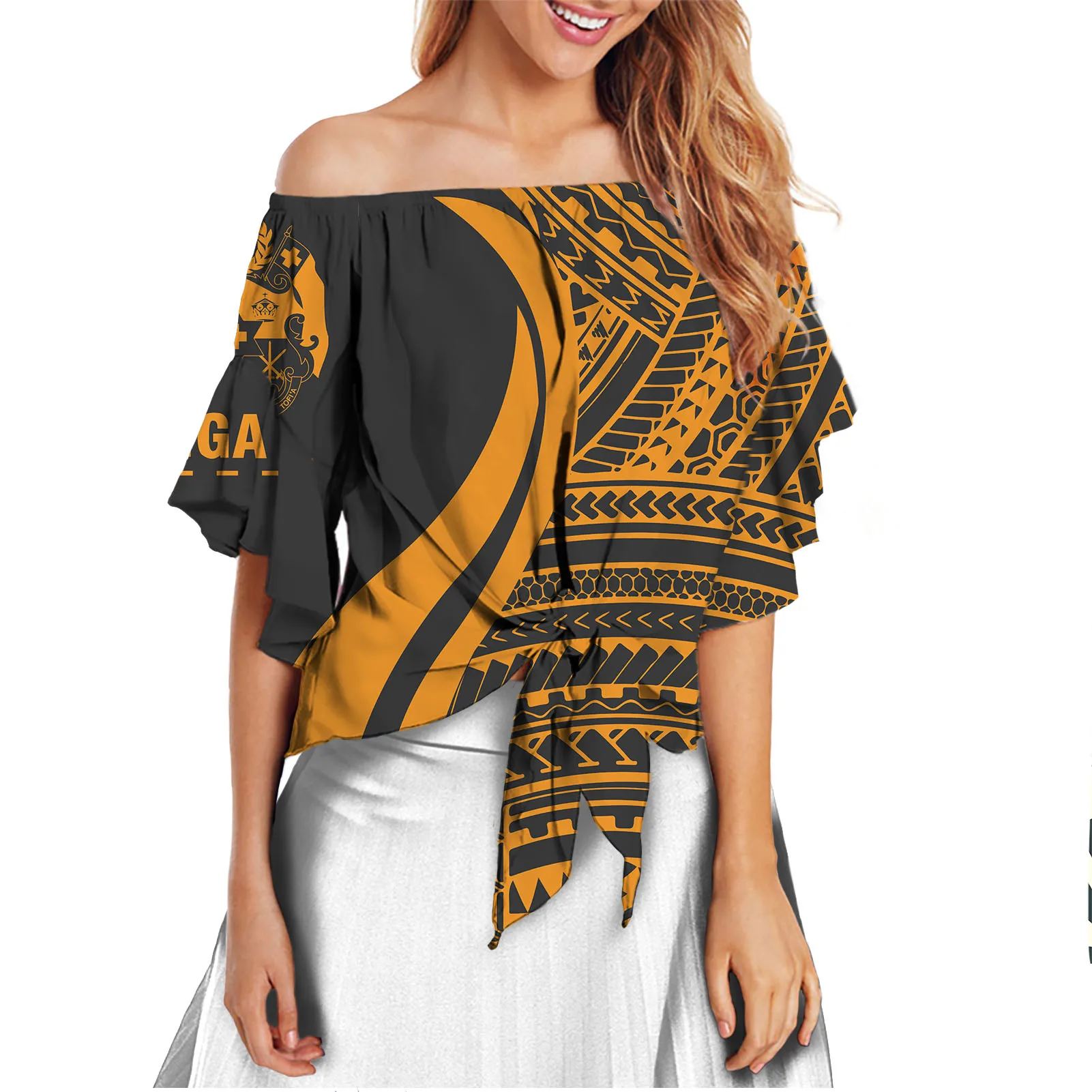 Tonga Polynesian Tattoo Tribal Gold Off Shoulder Casual Tie Knot Front Flare Sleeve Fashion Tops Blouse Women New Model Shirts